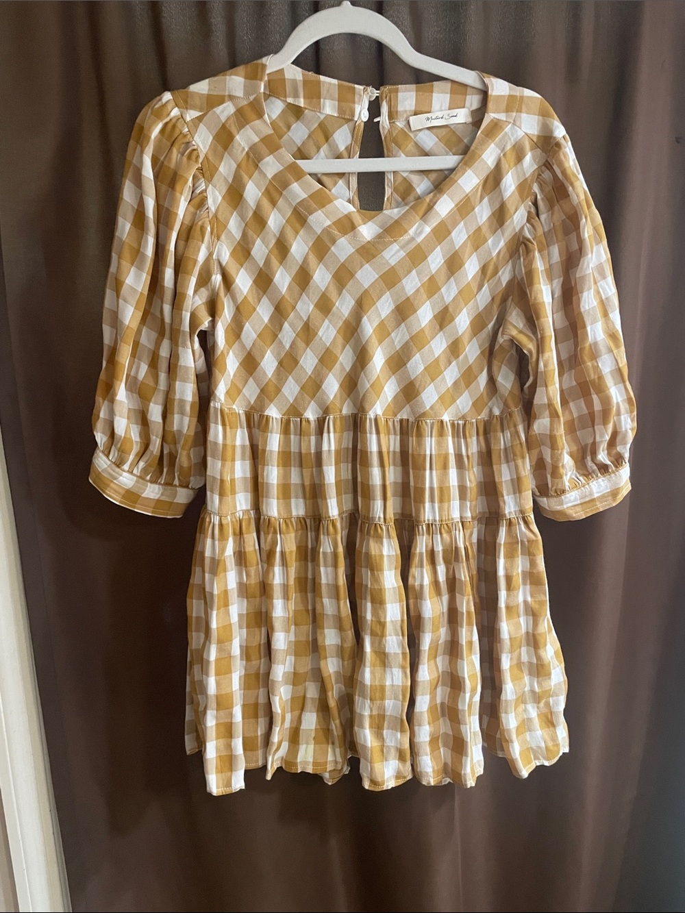 Mustard Seed Yellow and White Gingham Tiered Dress